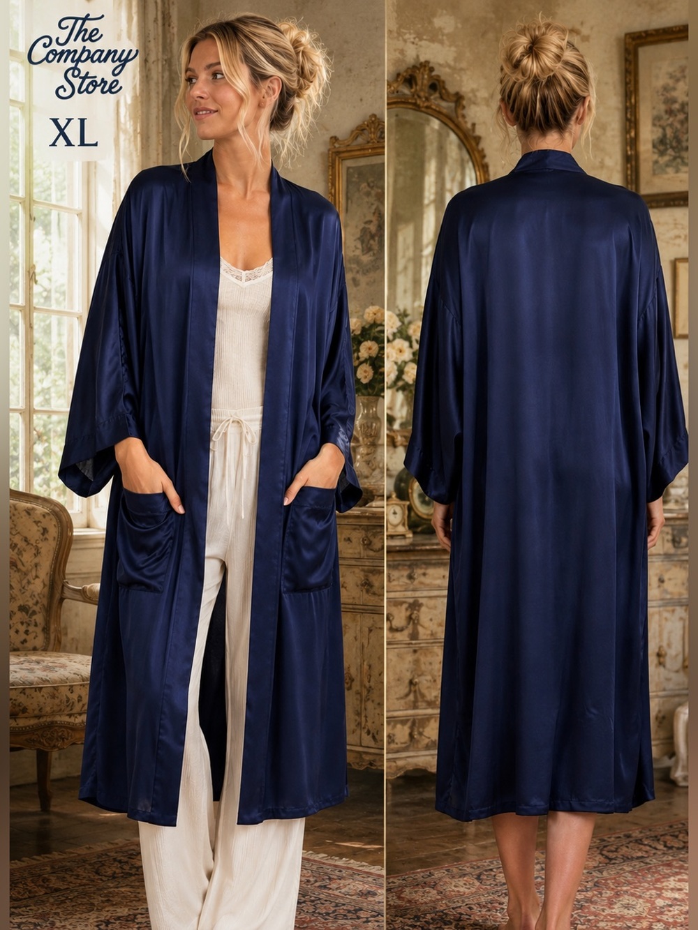 Vintage 100% Silk Kimono Robe Navy Long Duster Open Front XL Loungewear Hongkong